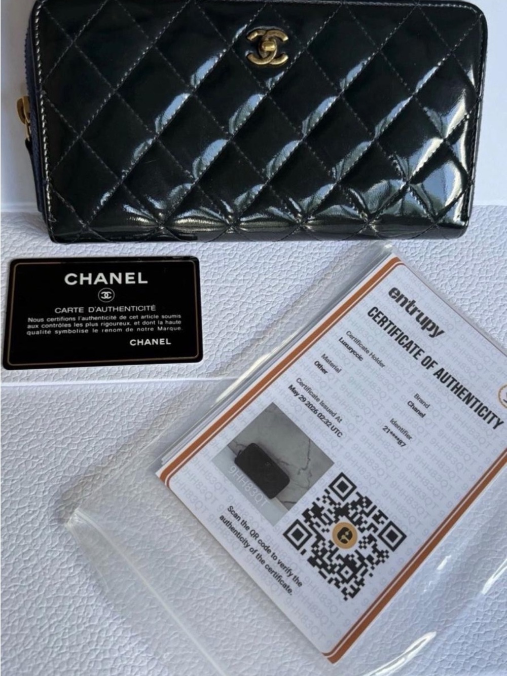 CHANEL Black Quilted Patent Zip-Around Wallet with Gold CC